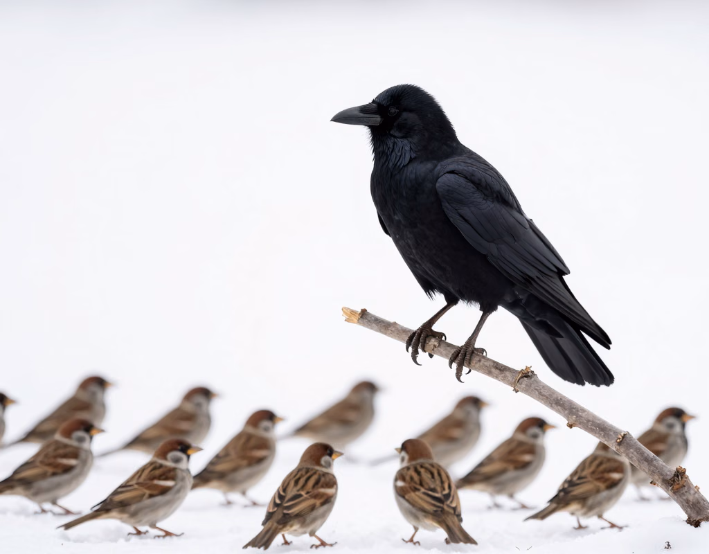 A crow perched on a branch watching a flock of smaller sparrows below, representing feedback captured wherever users already are