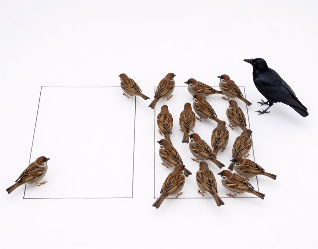 Two boxes drawn on the floor, sparrows crowded thickly into one and barely present in the other, with a crow observing, representing votes ranking the backlog