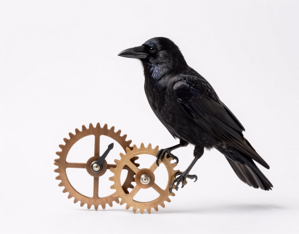 A crow watching a small gear mechanism spin on its own, representing an autonomous coding agent